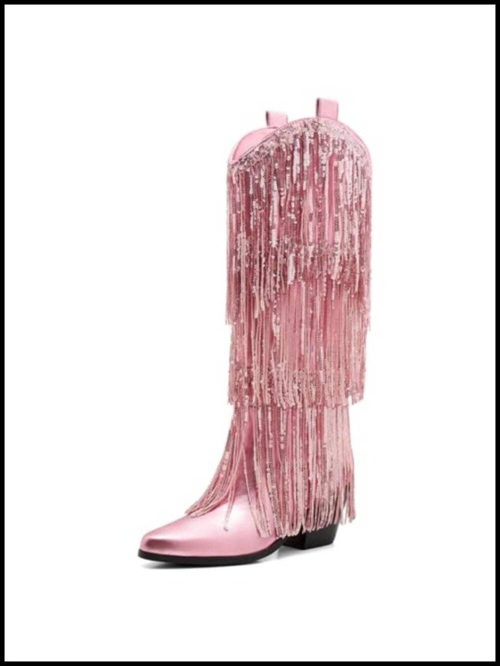 Women's Fringe Sequin PU Knee High Cowboy Boots Chunky Pointed Toe